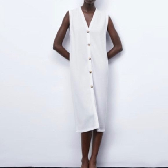 Zara Dresses | Zara White Sleeveless Ribbed Button Down Dress in Large | Color: White | Size: L | Ltoabe's Closet